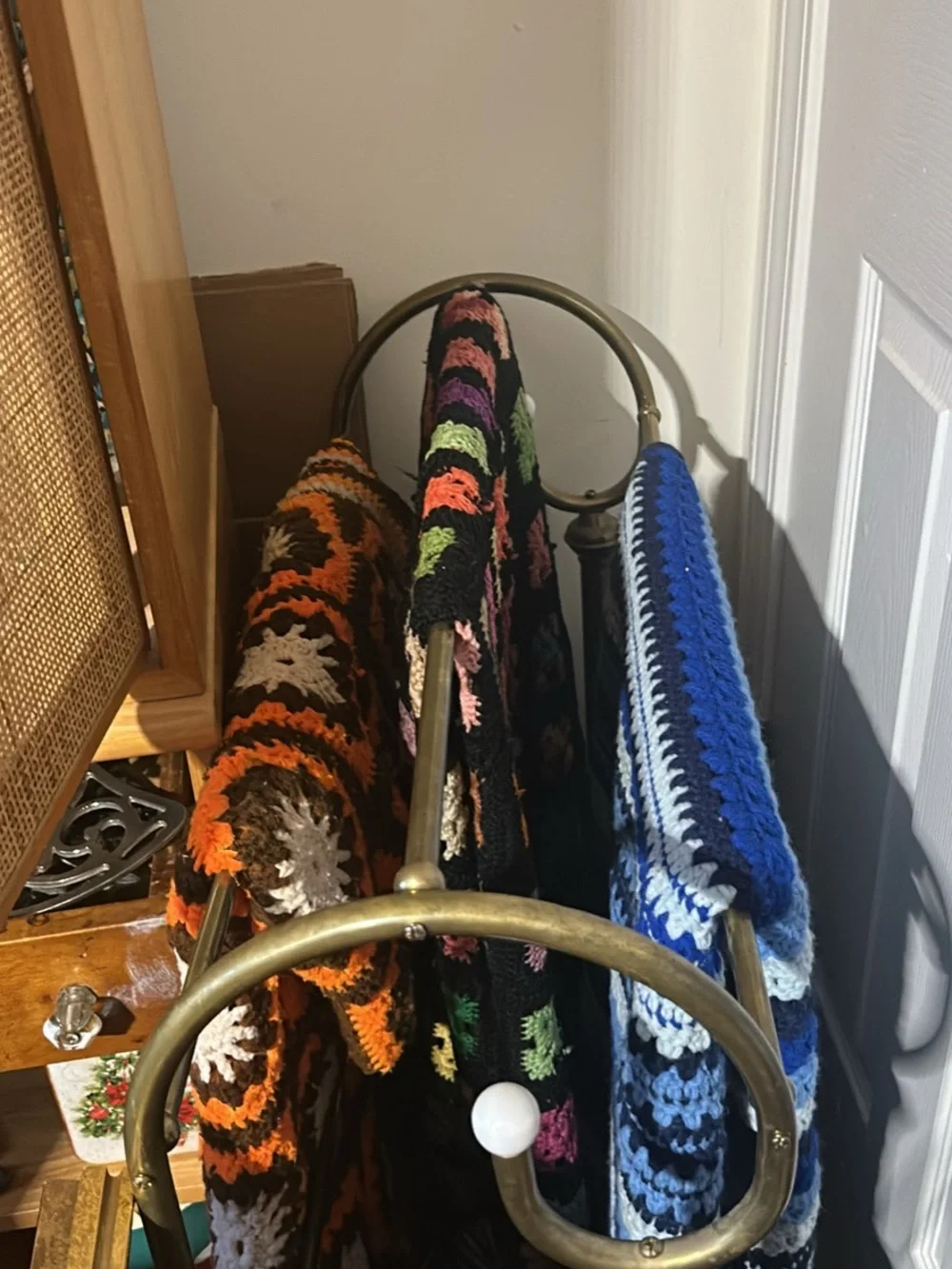 Vintage Handmade Multicolor Crochet Throw Blanket - Blue, Orange, Black- afghans